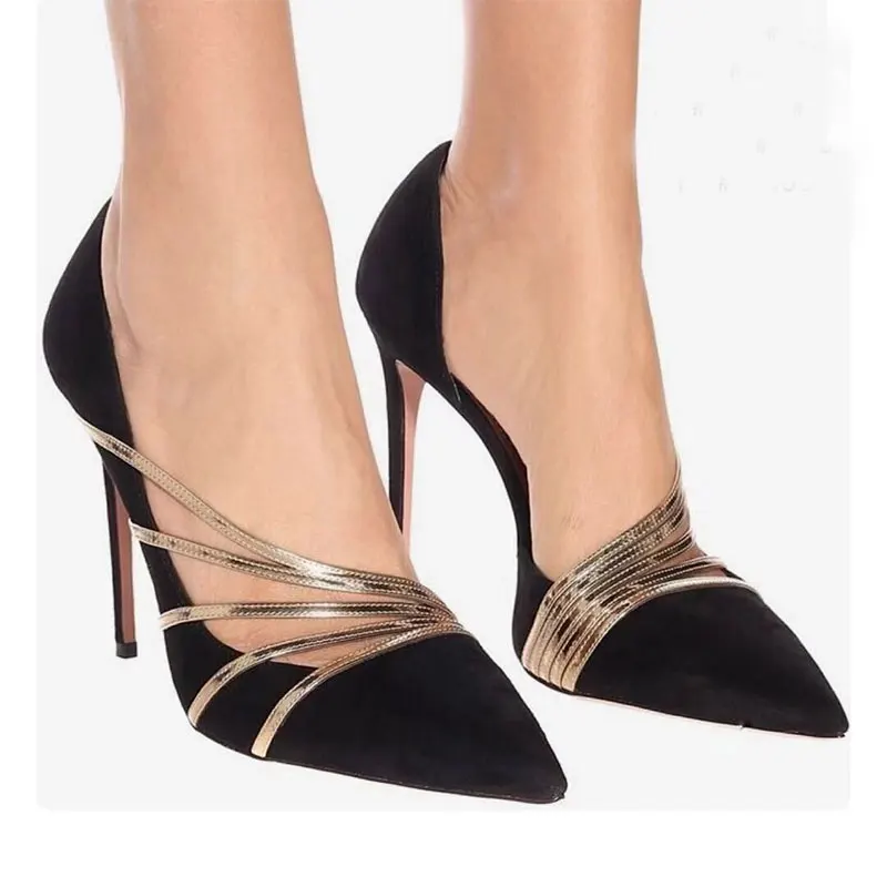 

New Fashion Suede Gold Straps High Heel Pumps Women's Pointed Toe Elegant Stilettos Party Wedding Pumps Basic Shoes