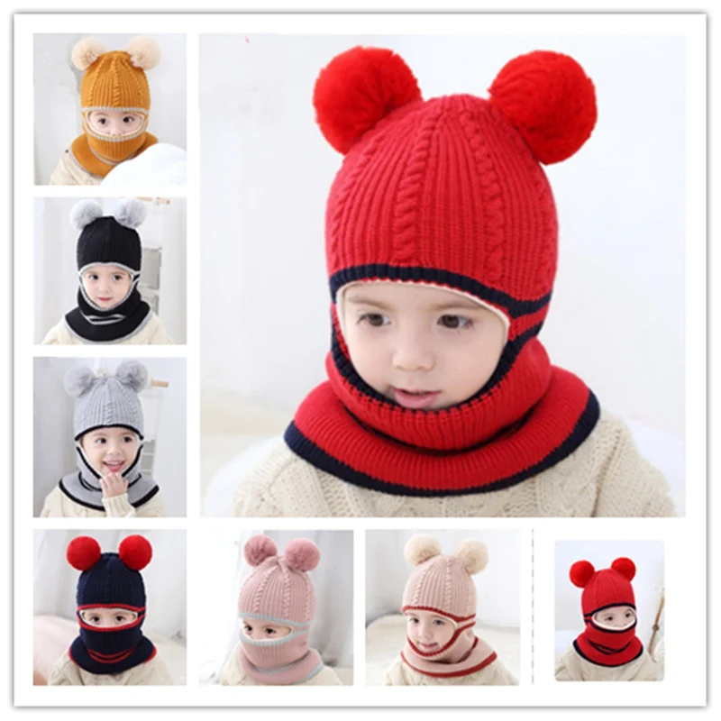 

Kids Girls Warm Winter Hat Cute Fleece Earflap Hood Hat Scarves with Two Bobbles QDD9693