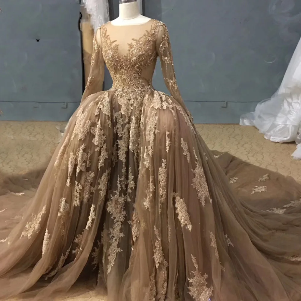 

Real Image Luxury Champagne Ball Gown Wedding Dresses with Detachable Train Applique Lace Beaded Crystal Long Sleeve Bridal Gown