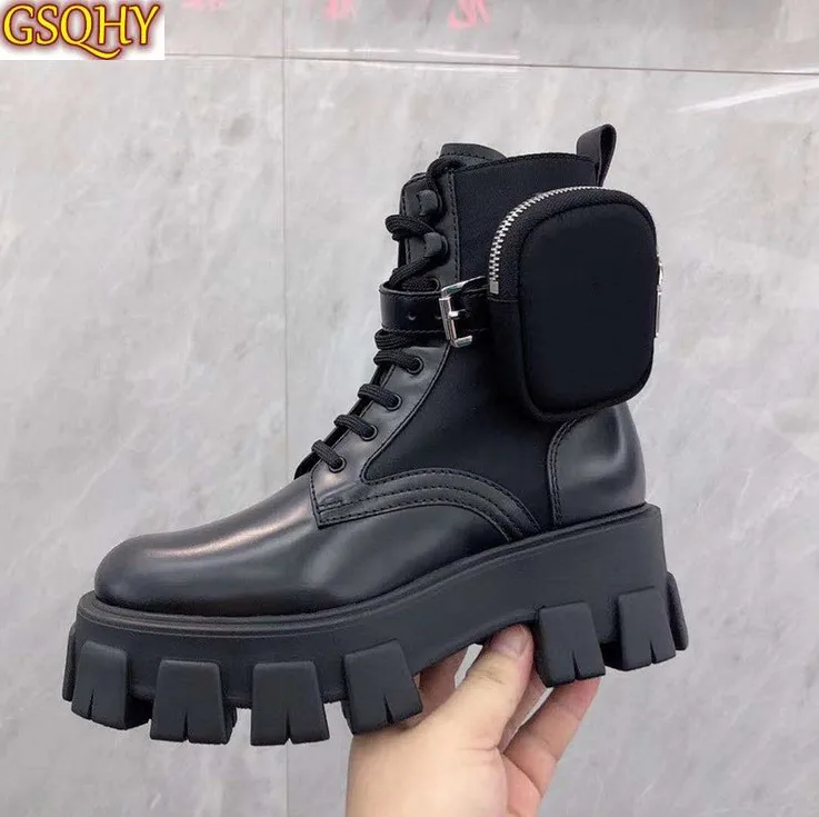Botas de tacón bajo para mujer, botines de diseñador de lujo con punta redonda, botas de media caña estilo militar, 2021
