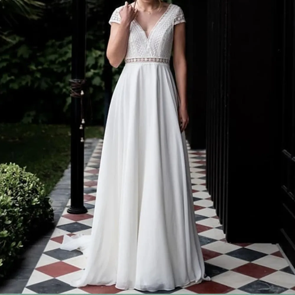 Sirene Charming Deep V-Neck Wedding Dress Lace Sweep Train Short Sleeve A-Line Button Backless Tulle Bride Vestidos De Noiva ueteey charming tulle off shoulder wedding dress applique lace up back sweep train plus size backless a line wedding gowns 2022