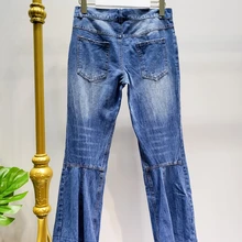 Низкая талия Ретро прямые повседневные передние и задние Асимметричные джинсовые расклешенные брюки