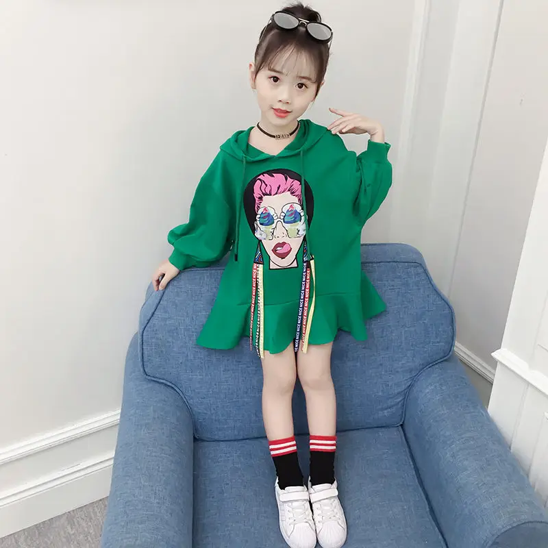 

2019 Girls Medium Style Hoodies Skirt Clothes Children's Spring Antumn Tassels Hooded Sweatshirts Skirt Novelty Sweater Kids Top