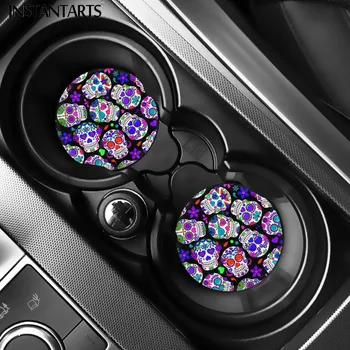 

INSTANTARTS 2Pcs Suger Skull Print Bottle Mat Car Coaster Drink Cup Holder Automobile Universal Non-slip Insulation Pad Tabletop