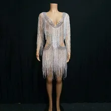 Горный хрусталь кисточкой женский день рождения платье бар ночной клуб женский танцевальный костюм сценические костюмы для певцов сексуальное танцевальное платье