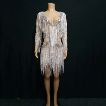 

Rhinestone Tassel Female Birthday Party Dress Bar Nightclub Female Dance Costume Stage Costumes For Singers Sexy Dance Dress