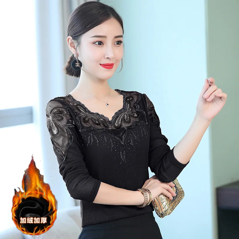 

Lace Upper Garment Women's Gauze Underwear Base Shirt Sweater Women's Top Grade Western Style Long Sleeve Large Size Autumn Clot