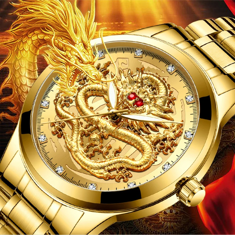 

Fngeen Top Brand Luxury Gold Dragon Men Watch Waterproof Mens Watches Fashion Gold Steel Quartz Watch For Men Relogio Masculino