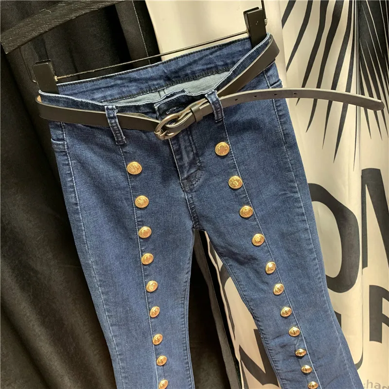 Европейские двубортные Женские джинсы с золотыми пуговицами, весна-осень, узкие расклешенные брюки с высокой талией, синие джинсовые брюки для женщин