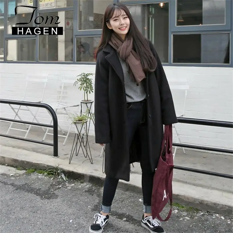 Женское зимнее шерстяное пальто и куртка черная длинная в Корейском стиле теплое