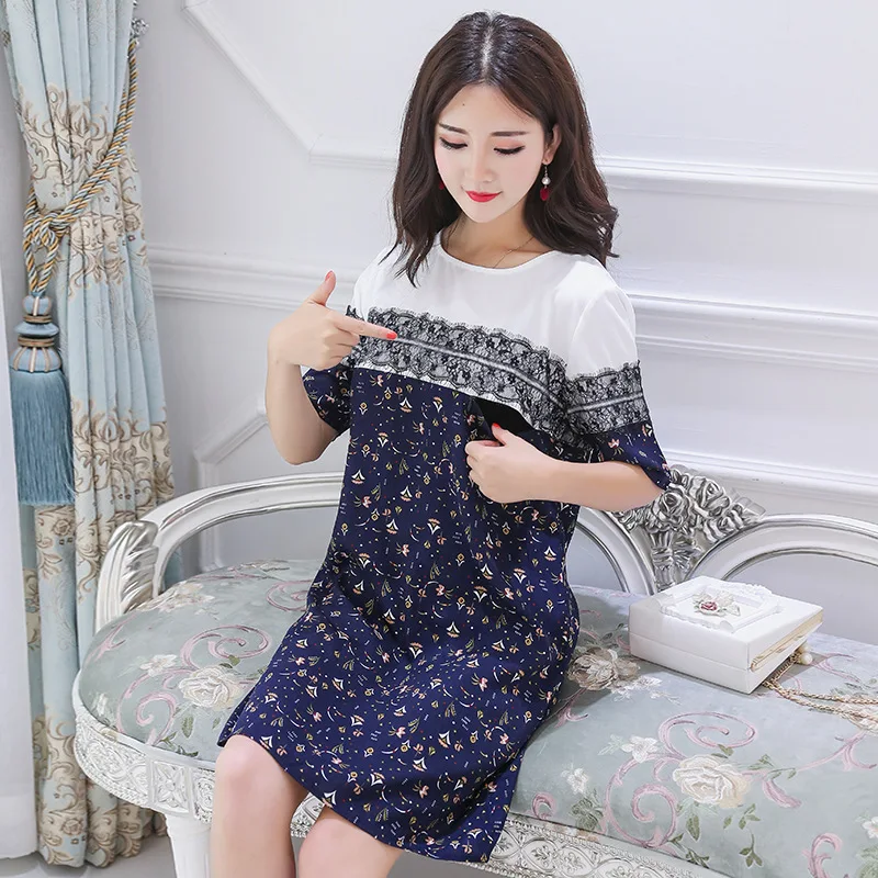 

2018 Summer Wear New Products Nursing Dress Printed Joint Lace Mid-length Dress Postpartum Nursing Clothes