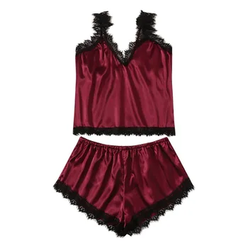 

Women Sleepwear Sexy Satin 2 Piece Pajama Set Lace V-Neck Plus Size Pyjamas Sleeveless Cute Top And Shorts