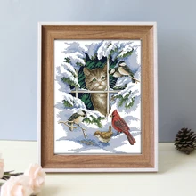 Joy Sunday Наборы для вышивания крестиком DIY котенок смотреть маленькие птички печатные китайские вышивки рукоделие подходит для подвешивания на стену