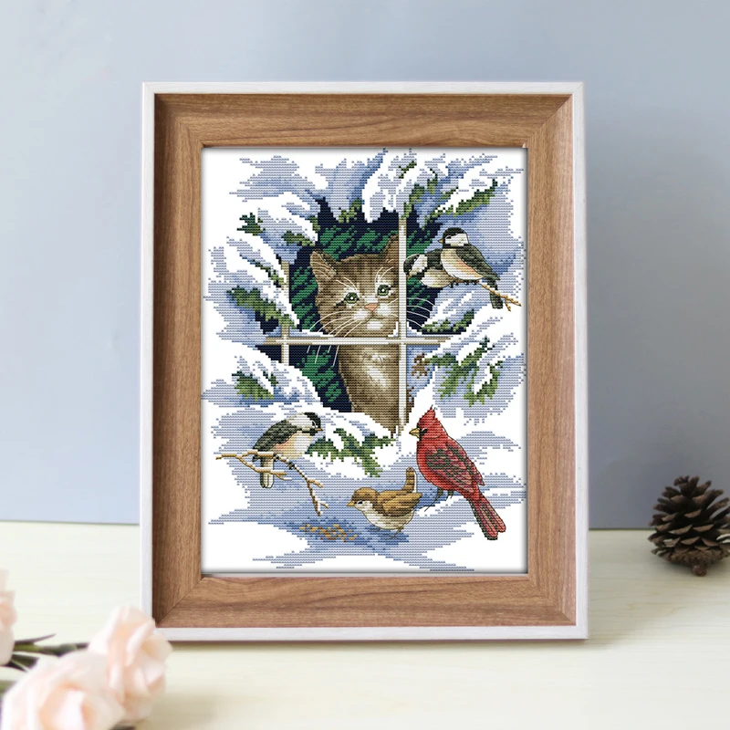 Joy Sunday Наборы для вышивания крестиком DIY котенок смотреть маленькие птички