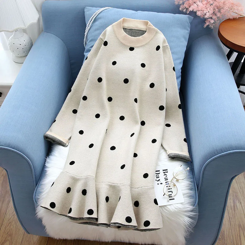 ruffles polka dot women sweater and pullovers winter new long knitted warm thicken pulls outwear all match office lady tops