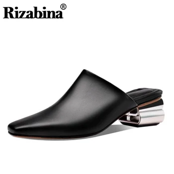 

RIZABINA Size 34-43 Fashion Women Sandals Shoes Square Toe Slippers Ladies' Genuine Leather Shoes Women Modern Heels Footwear