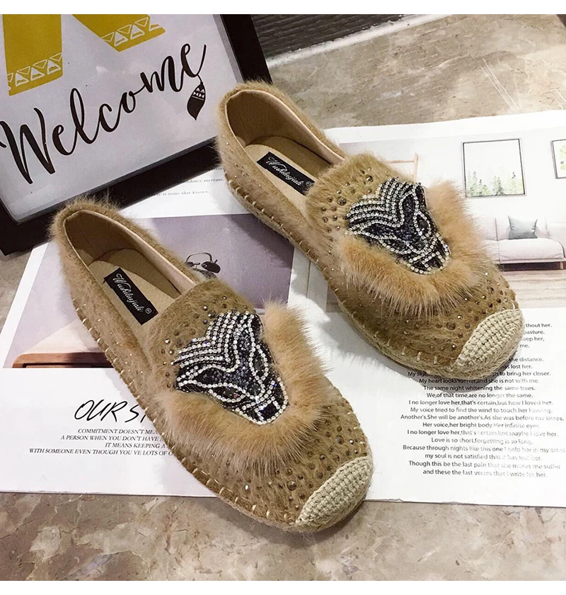 Fashion Hemp Loafers Women Espadrilles Flats Shoes Sewing Rhinestone Round Toe Ladies Casual Moccasins Slip On Brand Style New