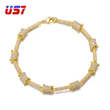US7 микро проложили AAA кубический циркон 7 мм колючая проволока браслет Bling хип-хоп ювелирные изделия медные звенья цепи браслеты 7-8 дюймов