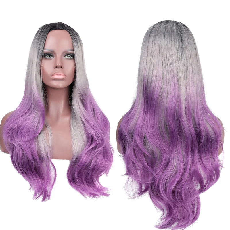 Mumupi Long Wavy Heat Resistant Synthetic Wigs For Black White Women Black Ombre Gray Purple Party Cosplay Hairstyle Long