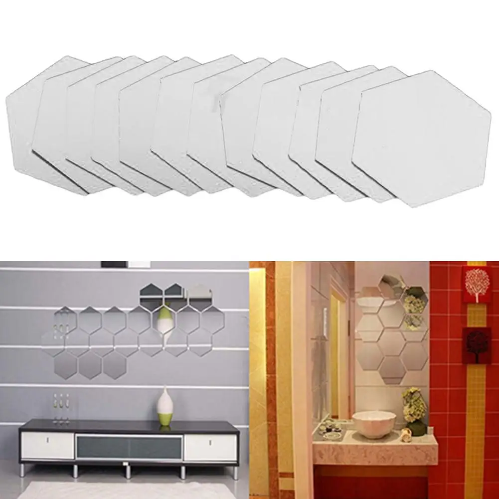 12Pcs Hexagonal Self Adhesive Mirror Effect Wall Sticker Living Room Decal Decor Stickers S | Дом и сад
