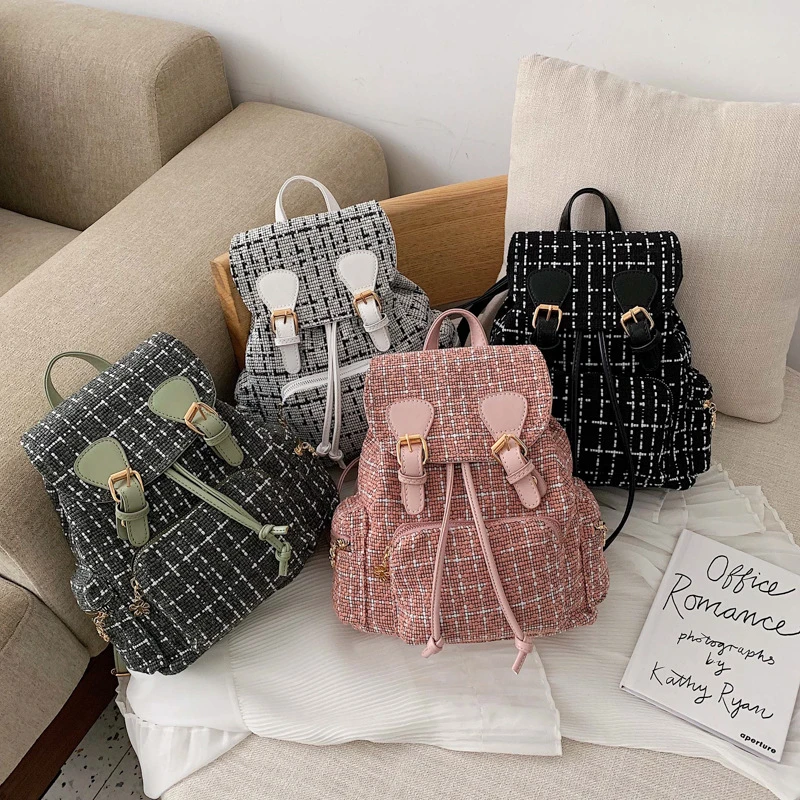 Mochila a cuadros de lana para mujer, bolso, mochilas de lana para mujer, mochila escolar informal de uso diario Vintage con cordón|Mochilas| -