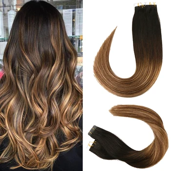 

Toysww Tape in Human Hair Extension Balayage Color #1B 5 28B Skin Weft Straight Remy Hair Adhesive Tape Hair Extension