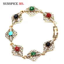 SUNSPICE Античный Серебряный Золотой винтажный браслет для женщин этнические Стразы ювелирные изделия Турецкая традиционная Свадебная цепочка на запястье