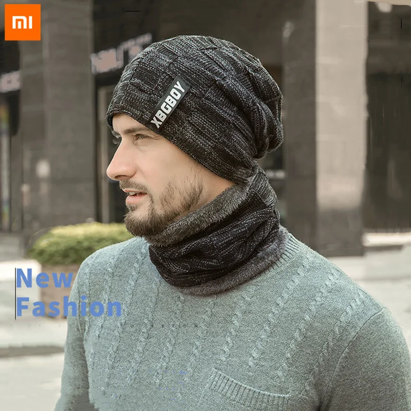 Комплект вязаной шапки Xiaomi с шарфом и шерстяной подкладкой Толстая Теплая