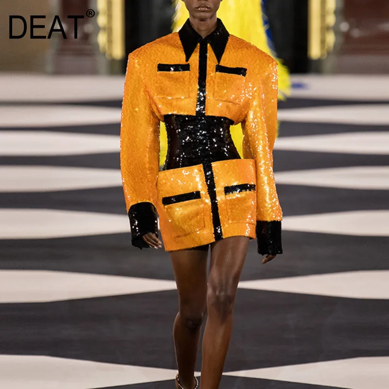 DEAT 2020 Spring Long Sleeve Turn Down Collar Black Yellow Patchwork Sequins High Waist Slim Short Mini Dress Women MI927 | Женская