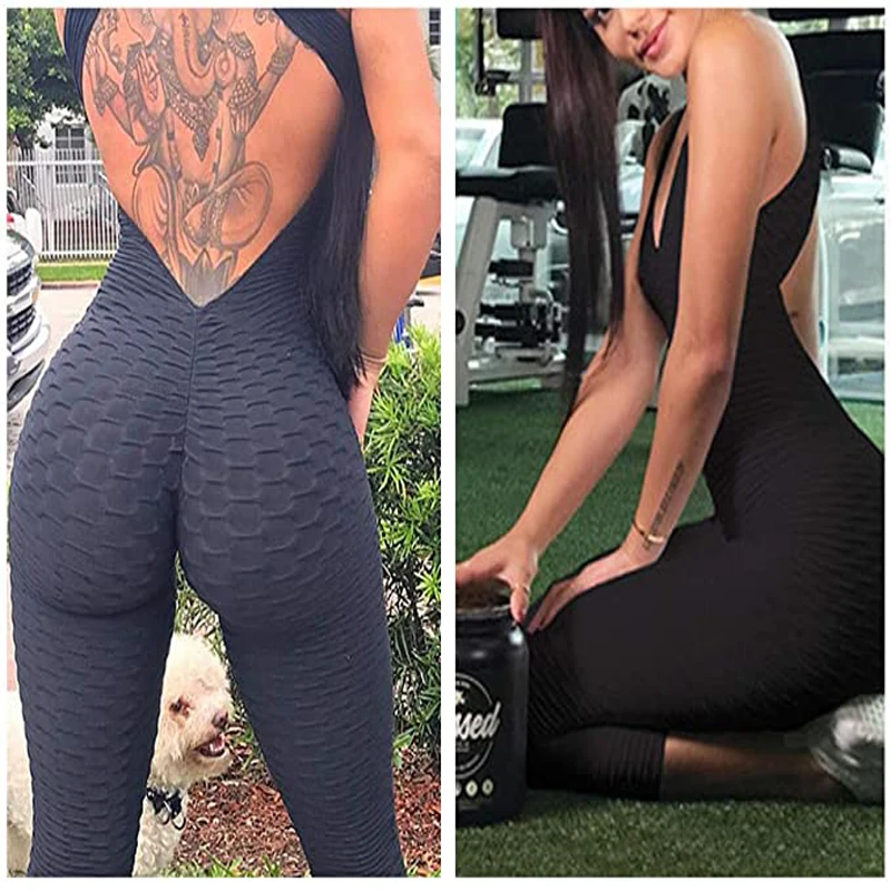 Women Textured Bodysuit Sexy Backless Jumpsuit Pants Abdomen Hip Lift Yoga Tight Sweat-absorbent Breathable Sport Leggings