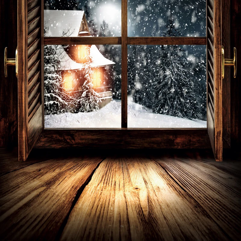 

Laeacco Winter Snow Rural Old Wooden Door Window Floor Baby Party Scenic Photography Backdrop Photo Background Photo Studio