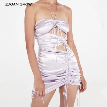 

2020 Sexy Like Silk Hollow out Lacing up Drawstring Halter Dress Bandage Women Mini short Ruched Party Dresses Sling Vestidos