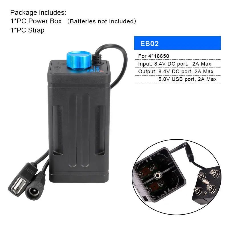 EB02 Trustfire велосипедный светильник Мощность коробка 8,4 V 5V двойной Напряжение Выход для 2/4/6 18650/26650 батареи W/ремень Дополнительный 100-240V для адаптера переменного тока - Цвет: EB02