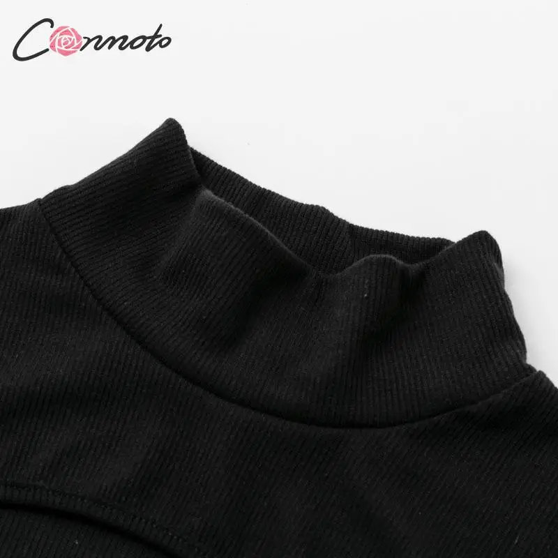 Conmoto, женская мода, сексуальная, открытая, черная футболка, женская,, осень, зима, длинный рукав, эластичный, вязанный Топ, водолазка, джемпер
