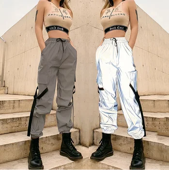 

Reflective Pants 2020 Summer Vintage Patchwork Joggers Sweatpants Harajuku Women Trousers Elastic High Waist Reflective Pants
