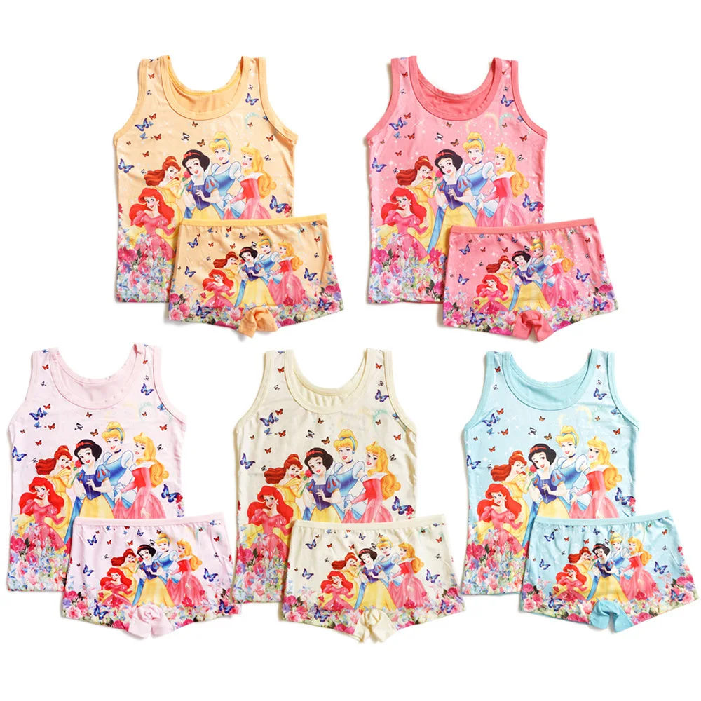 1set Hot Kids Clothing Girls Panties Summer Cartoon Sleeveless T-shirt Children Vest Mermaid Cotton T shirts Panties Briefs set girls tank tops
