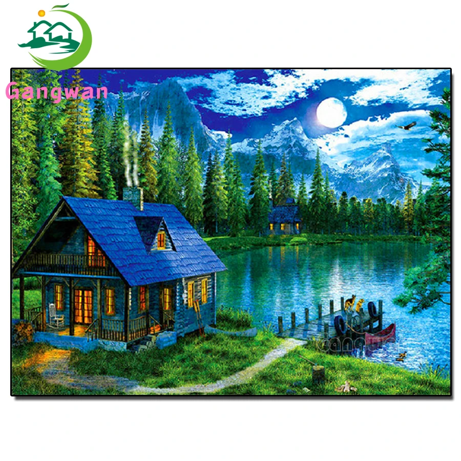 Diamond Embroidery hut Scenic Cross Stitch Full Painting Tree moon night Diamonds Mosaic Needlework Rhinestone Decor art | Дом и сад