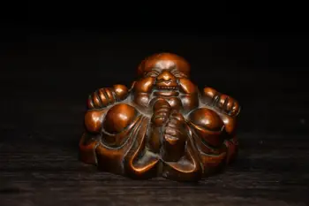 

3" China Lucky Seikos Boxwood Maitreya Buddha Statue Big belly Buddha wood carving Ayiduo Bodhisattva Mahasattva