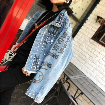 

067 Punk Style Letter Print Rivets Beading Women Autumn Jacket Coat Loose Style Women Denim Jacket Coat Crop Tops Abrigos Mujer
