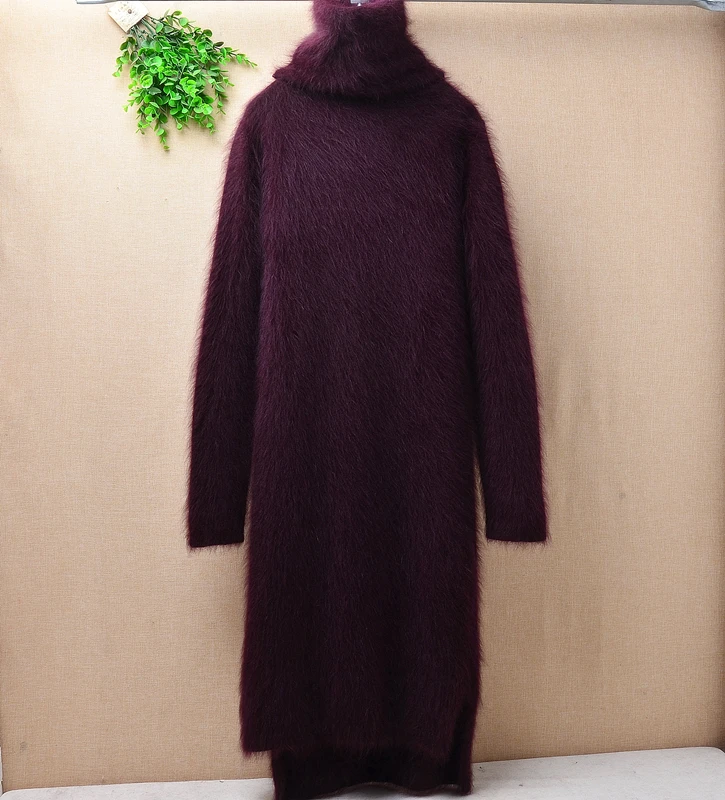 

Top mujer femme autumn winter long plush warm angora rabbit knitted thin slim turtleneck basic pullover mink fur sweater dress