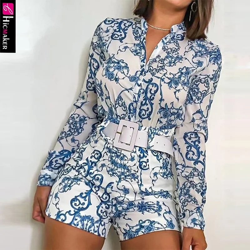 Print V-neck Long Sleeve Casual Top & Short Set Women Two Piece Outfits Print V-neck Long Sleeve Casual Top & Short Set Women Two Piece Outfits
