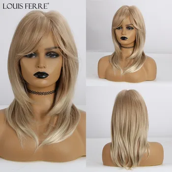 

LOUIS FERRE Women Blonde Medium Length Cascaded Layers Synthetic Hair Full Wig Straight Wigs with Side Part Heat Resistant