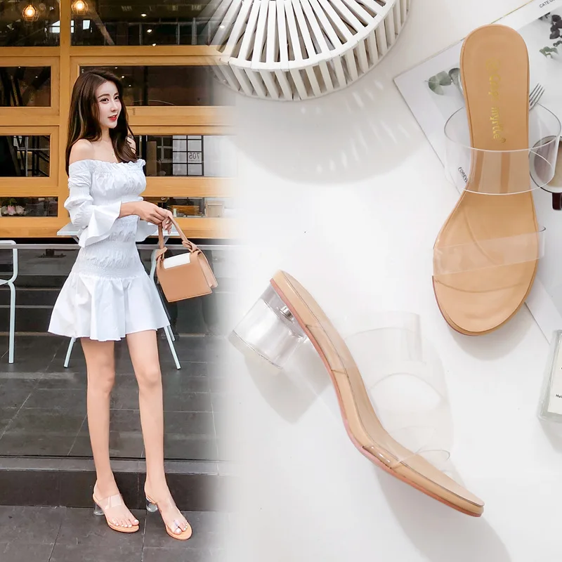 

Transparent Sandals 2019 Summer New Style Transparent shui jing gen A- line with Sandals Women's Outer Wear Slippers