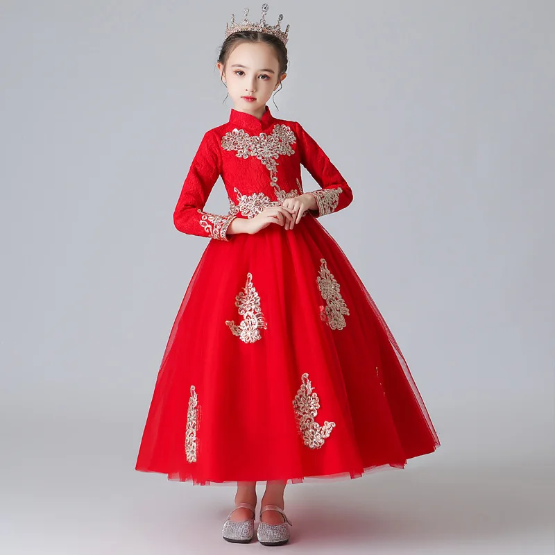 Детское длинное красное платье подружки невесты с цветочной вышивкой для свадебной вечеринки; вечерние платья принцессы на Рождество и год в китайском стиле