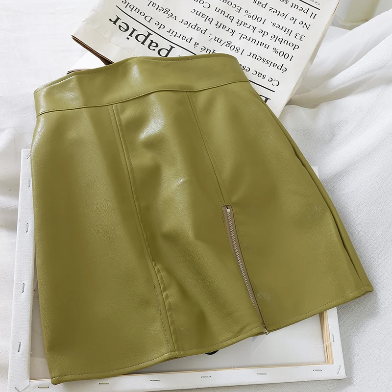 YuooMuoo Ins модная кожаная юбка на молнии для женщин с высокой талией Асимметричные мини-юбки осень зеленая красная короткая юбка из искусственной кожи