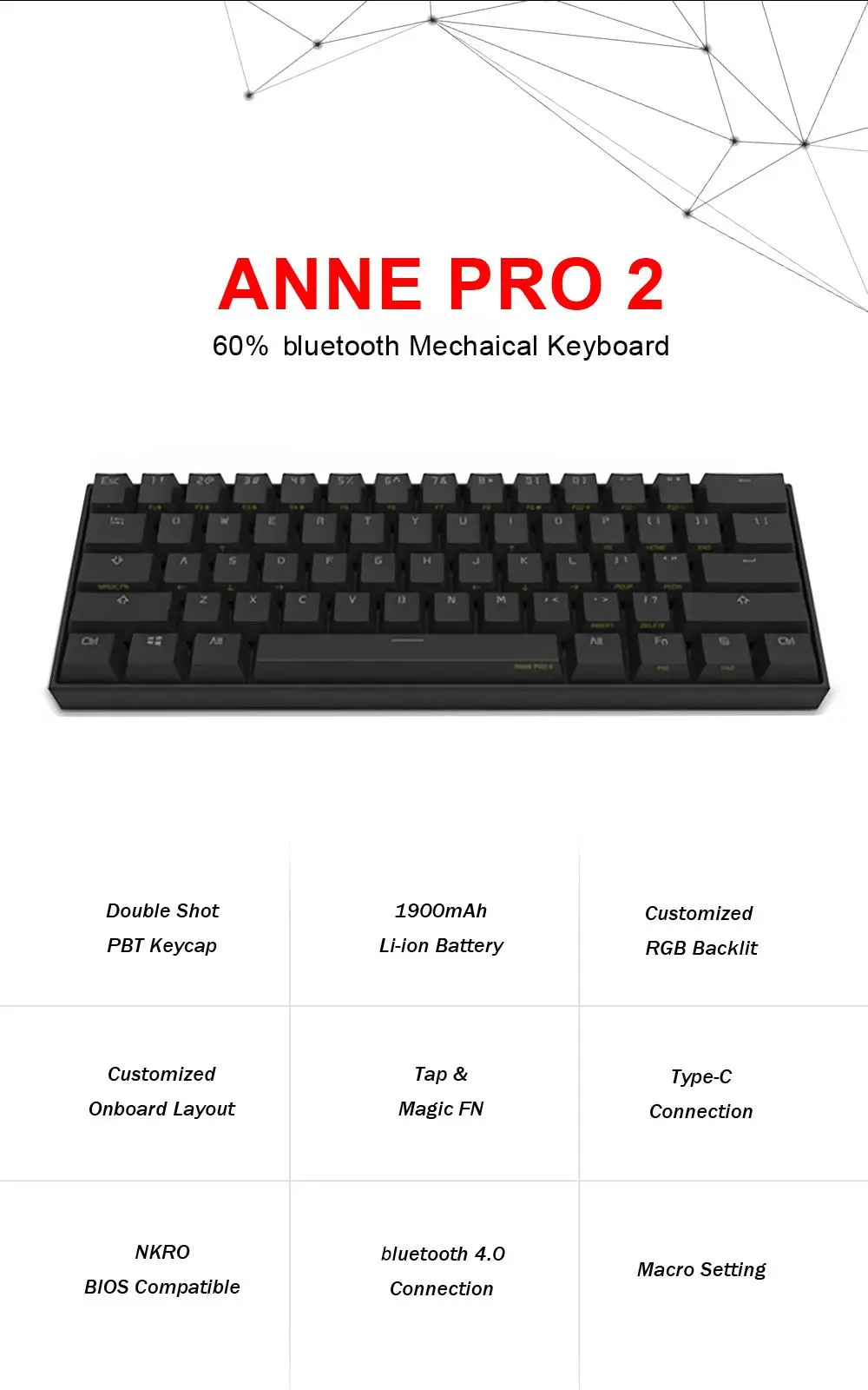 Anne Pro 2 Мини Портативная 60% NKRO механическая клавиатура Беспроводная bluetooth USB двойной режим красный синий коричневый переключатель игровая клавиатура