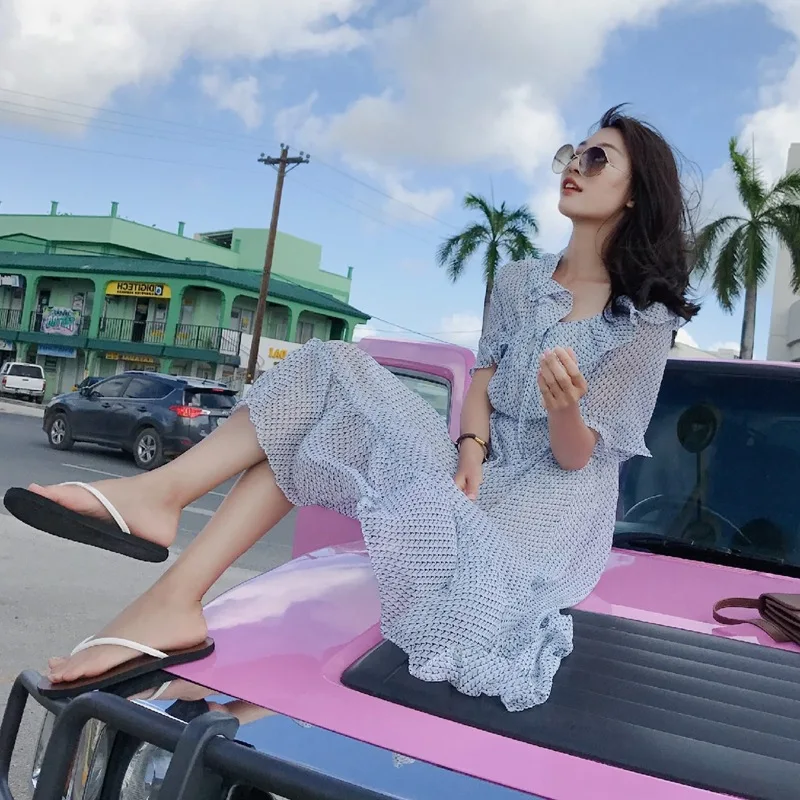 

Photo Shoot Sweet Vacation Style Flounced Long Skirts Women's Summer Normcore Style CHIC Elegant Slim Fit Waist Hugging Floral P