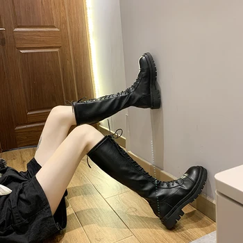 

Black Knee High Boots Lace Up Women Shoes Motorcycle Boots Winter Platform Long Boots Women Punk Shoes Botas De Mujer