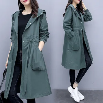 

Casual Hooded Trench Coat For Women Windbreaker Long Coat Female Leisure Spring Autumn Pleated Coats Windbreakers Cardigan