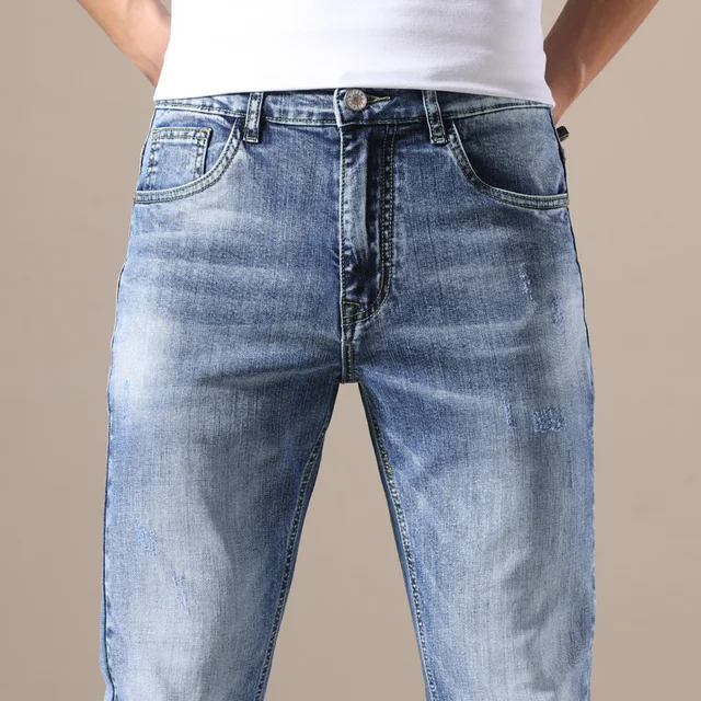 Jeywood Brand clothing Jeans Men Brand High Quality Stretch Light Blue Denim Fashion Pleated Retro Pocket Skinny Trousers Pants 5
